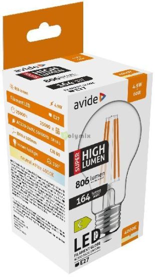 Avide LED Filament Globe 4.9W E27 A60 NW 4000K Super High Lumen