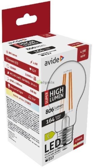 Avide LED Filament Globe 4.9W E27 A60 WW 2700K Super High Lumen