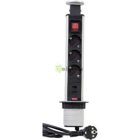   Energiaoszlop asztali, süllyeszthető 3 dugalj+USB kapcs; 250V, 16A, 1.5m,IP20