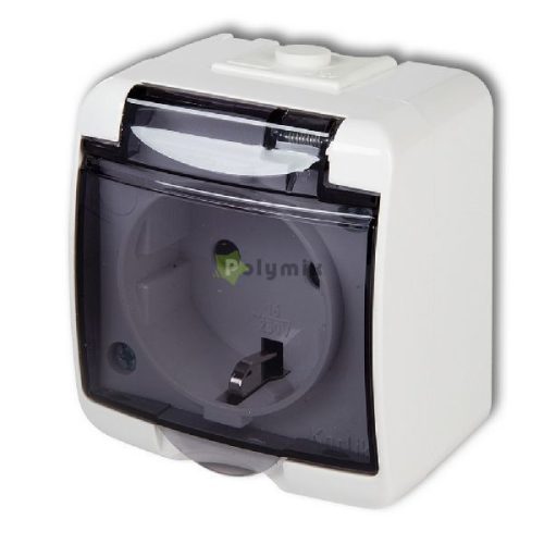 Aquastar földelt dugaszolóaljzat, gyermekvédelemmel, átlátszó csapófedéllel, IP54, fehér
