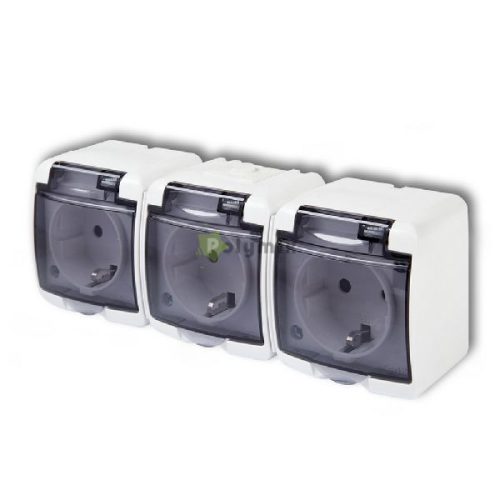 Aquastar 3-as földelt dugaszolóaljzat, gyermekvédelemmel, átlátszó csapófedéllel , IP54, fehér