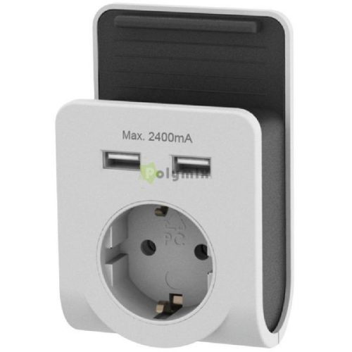 Földelt köztes csatlakozóaljzat, 2xUSB töltővel és mobiltelefon tartóval
