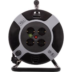   Kábeldob, műanyag 50m, 4 dugalj 3x1,5mm2, fekete / piros, 230V~ 50Hz 10A, max .: 2300W