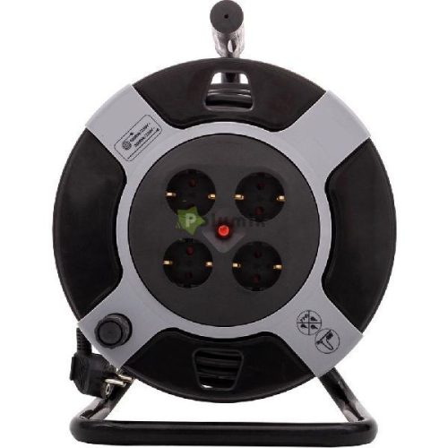 Kábeldob, műanyag 50m, 4 dugalj 3x1,5mm2, fekete / piros, 230V~ 50Hz 10A, max .: 2300W