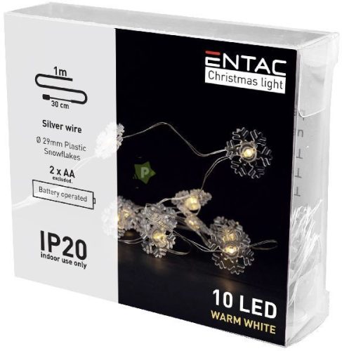 Karácsonyi Beltéri Műanyag Füzér Hópehely 10 LED WW 1,3m (2AA nt.)