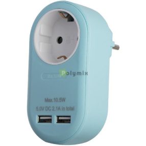   Hálózati Adapter 1 Földelt Aljzat és 2 USB (össz. 2.1A) Kék
