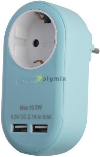 Hálózati Adapter 1 Földelt Aljzat és 2 USB (össz. 2.1A) Kék