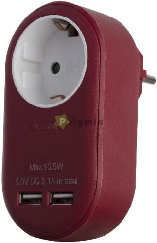 Hálózati Adapter 1 Földelt Aljzat és 2 USB (össz. 2.1A) Burgundi vörös