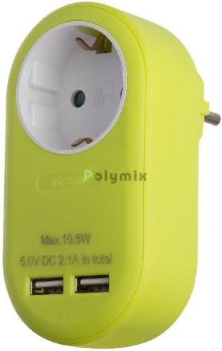 Hálózati Adapter 1 Földelt Aljzat és 2 USB (össz. 2.1A) Lime