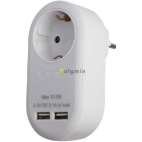   Hálózati Adapter 1 Földelt Aljzat és 2 USB (össz. 2.1A) Fehér