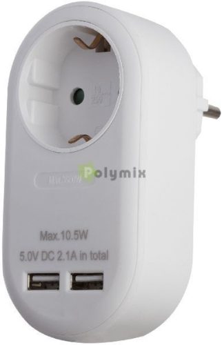 Hálózati Adapter 1 Földelt Aljzat és 2 USB (össz. 2.1A) Fehér