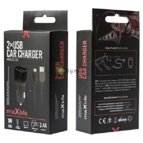 Maxlife Autós Töltő 2xUSB 2.4A Fekete + USB-C Kábel