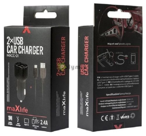 Maxlife Autós Töltő 2xUSB 2.4A Fekete + USB-C Kábel
