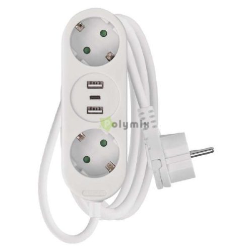 Hosszabbító 1,4 m / 2 aljzat+2×USB-A+1×USB-C / fehér / PVC / 1,5 mm2