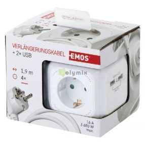   Hálózati elosztó kocka, 4 aljzat, 2 USB, 1,9m, SCHUKO 3x1.5mm2