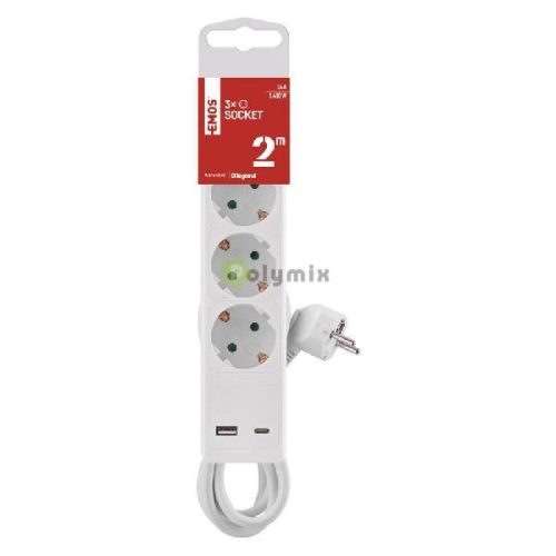 Hosszabbító 2 m / 3 aljzat / kapcsolós / fehér / 1× USB-A + 1× USB-C  / 1,5 mm2