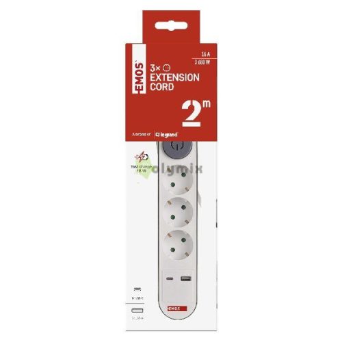 Hosszabbító 2 m / 3 aljzat / kapcsolós / fehér / 1× USB-A + 1× USB-C  / 1,5 mm2