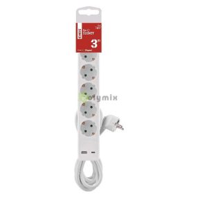   Hosszabbító 3 m / 5 aljzat / kapcsolós / fehér / 1× USB-A + 1× USB-C  / 1,5 mm2