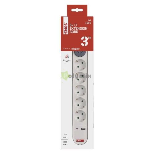 Hosszabbító 3 m / 5 aljzat / kapcsolós / fehér / 1× USB-A + 1× USB-C  / 1,5 mm2