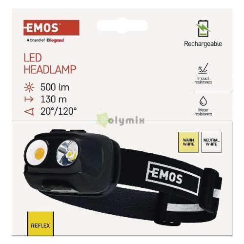 EMOS COB LED Fejlámpa tölthető P3542, 500lm, 130m, Li-pol 1200mAh