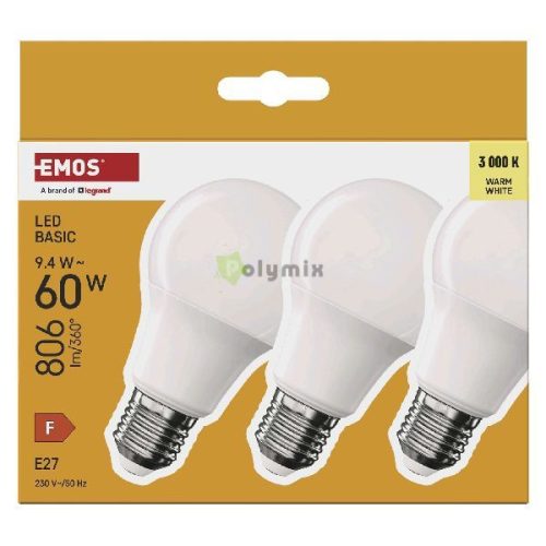 LED izzó Basic A60 / E27 / 9,4 W (60 W) / 806 lm / Meleg fehér 3db/csomag