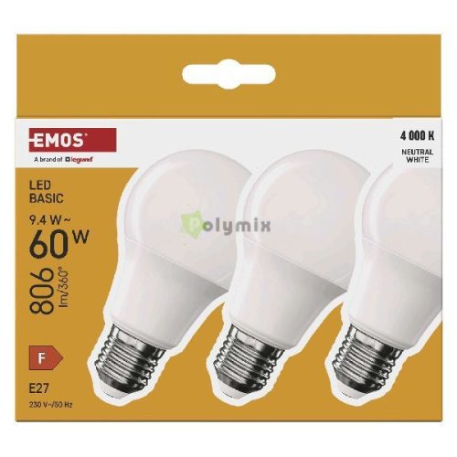 LED izzó Basic A60 / E27 / 9,4 W (60 W) / 806 lm / Természetes fehér