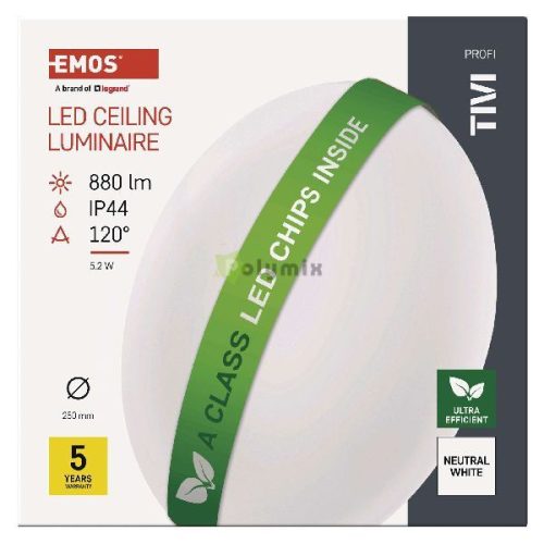 LED mennyezeti lámpatest TIVI, A CLASS, kerek, fehér 5,2W, IP44, Természetes fehér