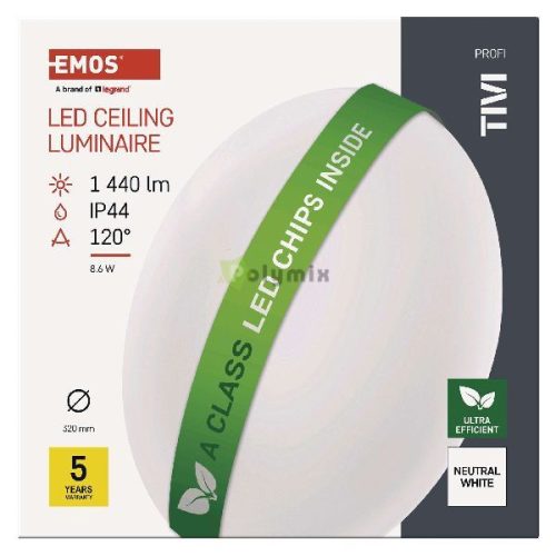 LED mennyezeti lámpatest TIVI, A CLASS, kerek, fehér 8,6W, IP44, Természetes fehér