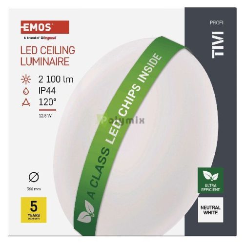 LED mennyezeti lámpatest TIVI, A CLASS, kerek, fehér 12,5W, IP44, Természetes fehér