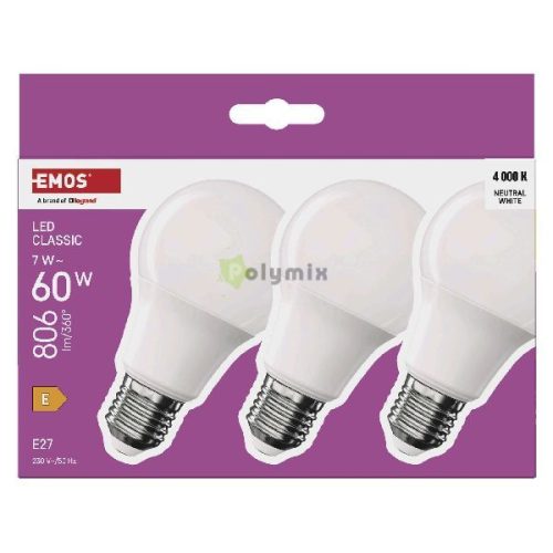 LED izzó Classic A60 / E27 / 7 W  (60 W) / 806 lm / Természetes fehér