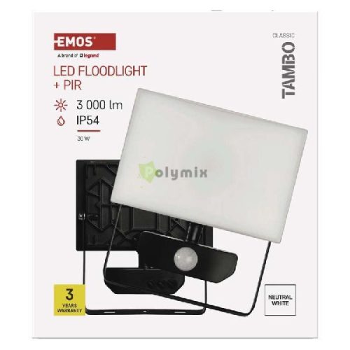 LED-es reflektor TAMBO mozgásérzékelővel, 30 W, 3000 lm, fekete